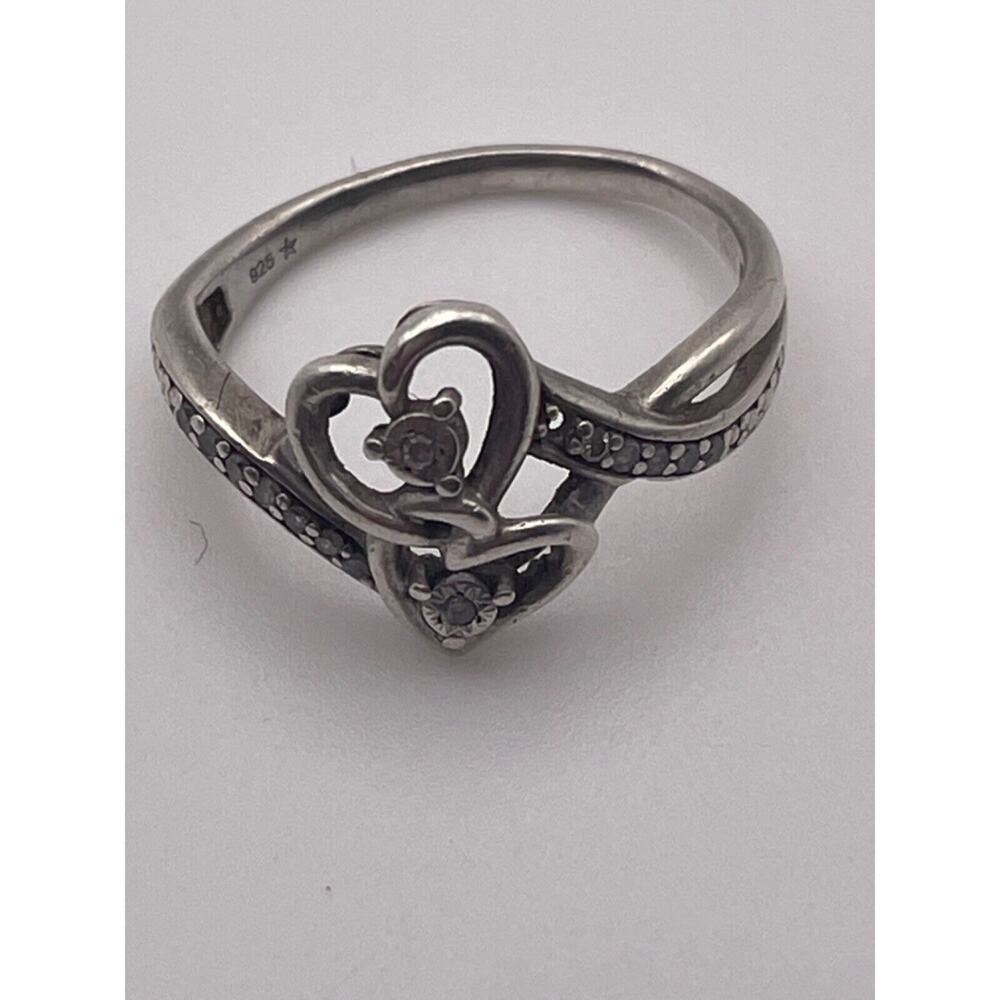 Vtg 925 Sterling Connected Intertwined Hearts Diamond Ring Marked